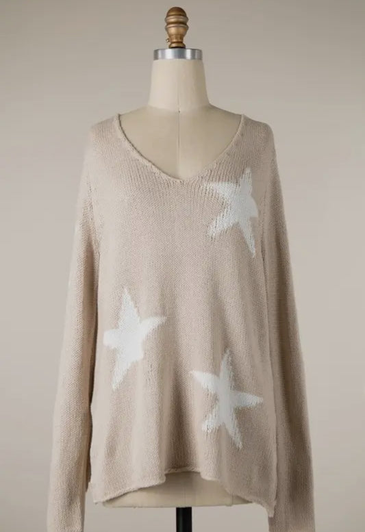 Scattered Star Soft Knit V Neck Sweater Top